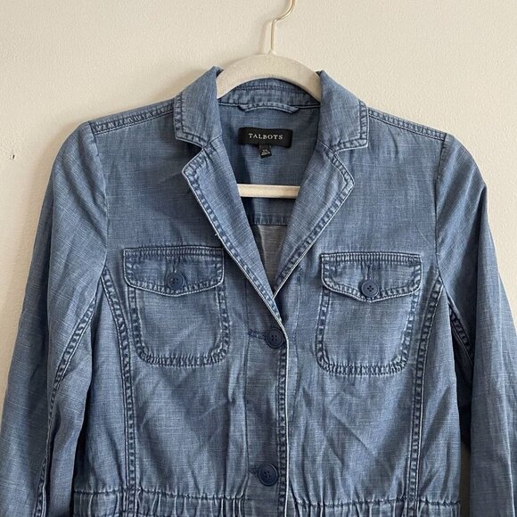 Talbots XS Linen Blend Chambray Button Up Patch Pockets Casual Utility Jacket - Picture 6 of 11